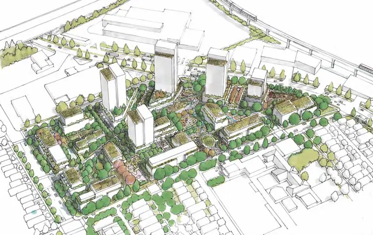 Ink Sketch of the new town housing with some green watercolor to enhance the greenery of the sketch.