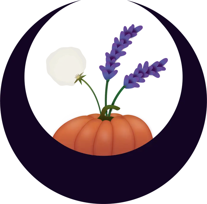 crescent moon with a pumpkin behind with a dandelion and lavender coming out of the top of the pumpkin